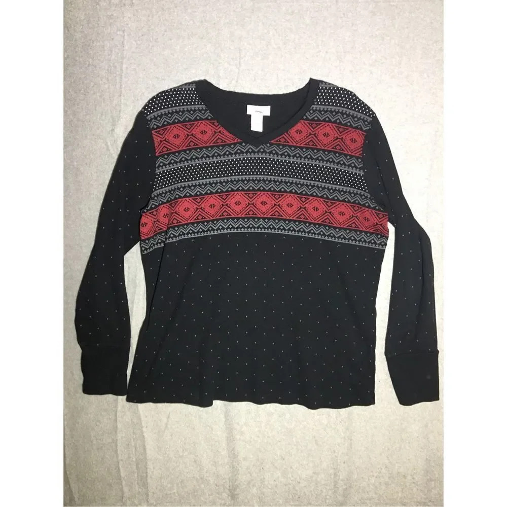 Womens Loop Long Sleeve Shirt Size XL Red Black Grey Sweater Pattern Polka Dot